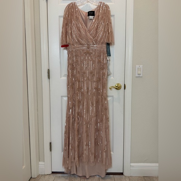 NWT Mac Duggal 9064 Pink Embellished Cap Sleeve Faux Wrap Trumpet Gown Size 10 - Picture 3 of 11